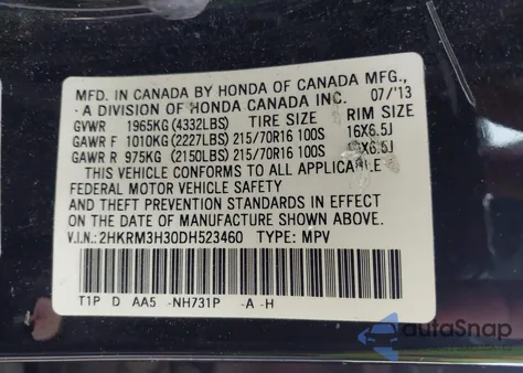 2013 Honda Cr-V Lx from USA, damaged, VIN 2HKRM3H30DH523460